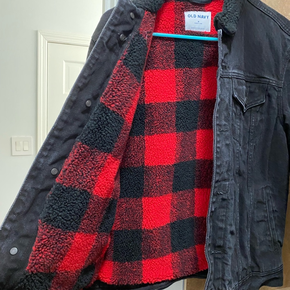 Old Navy Black Denim Jacket with Red Plaid Lining